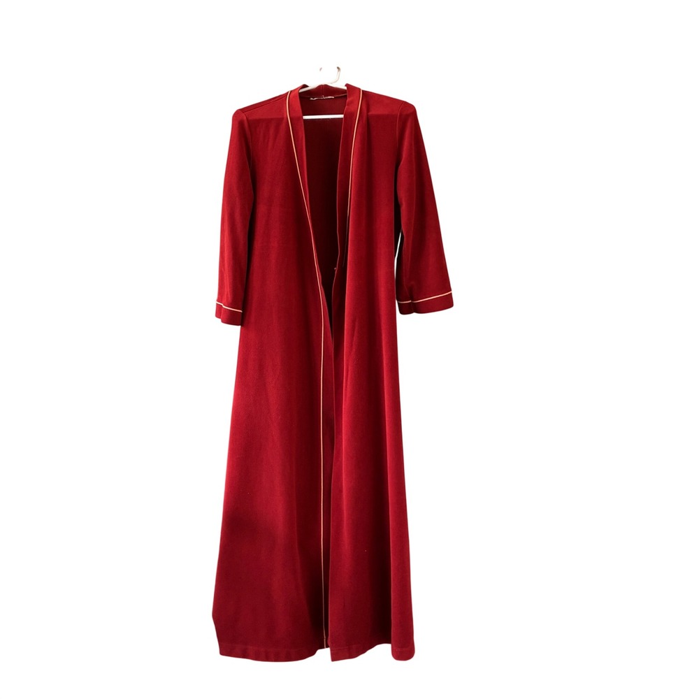 Vintage Vanity Fair Robe Red Velour Longline Contrast‎ Piping Open Front